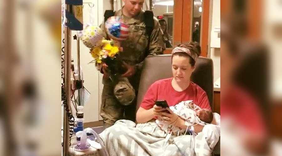 Soldier husband sneaks into hospital to surprise wife visiting preemie twins in NICU