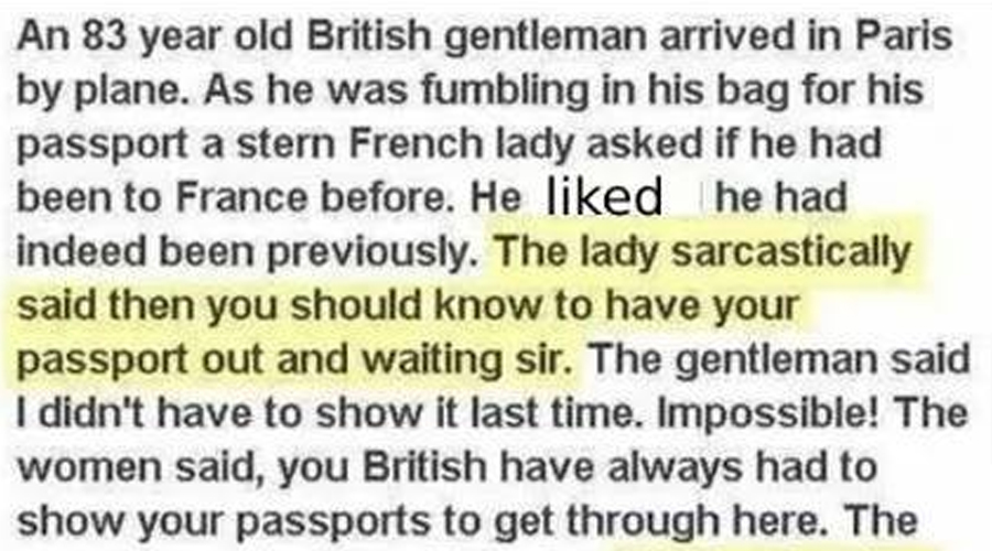 An 83 year old british gentleman arrived in Paris by plane, As he was..
