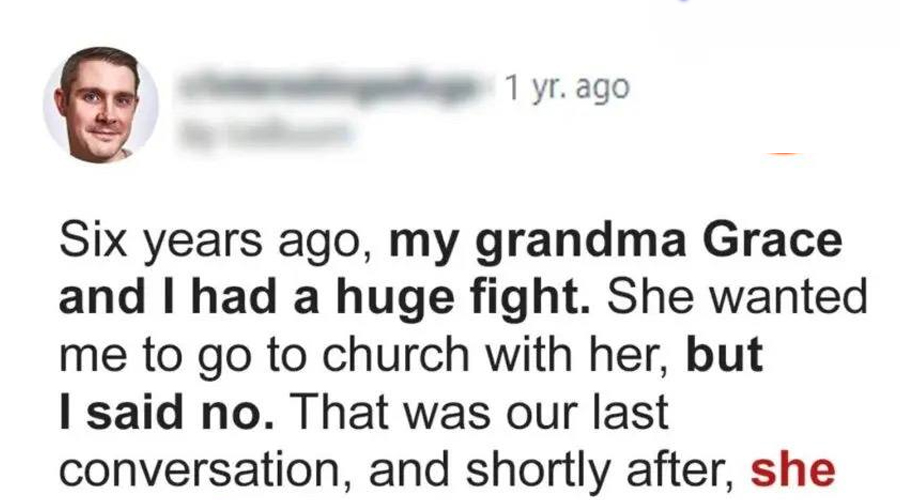An elderly woman disowns her grandson, leaving him only a Bible and a note that says, “Open it when things get tough”