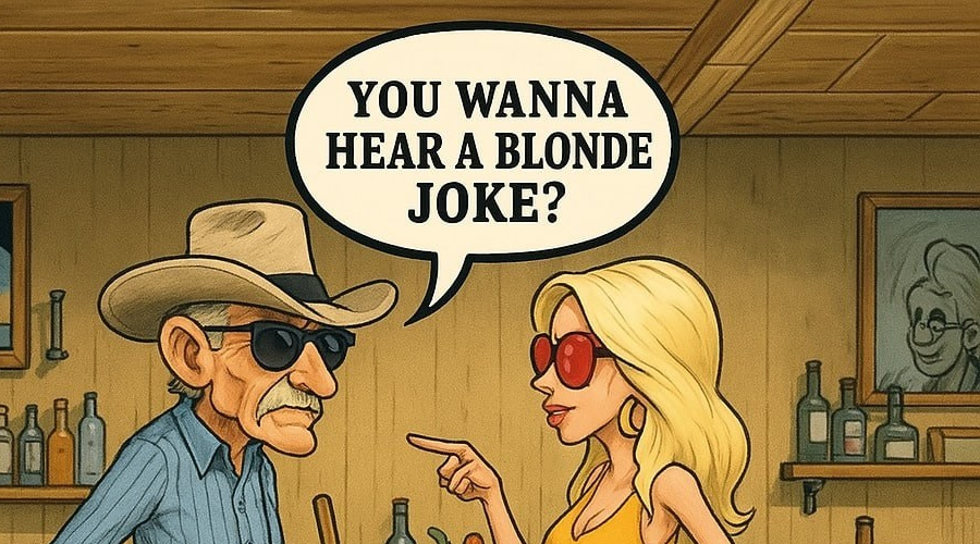 An old blind cowboy walks into a bar