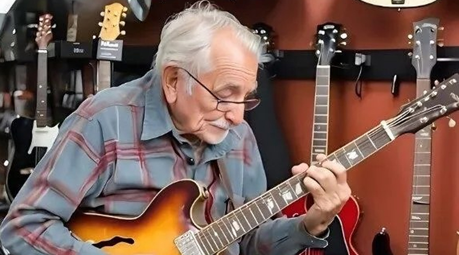 An 81-year-old grandpa walks into a guitar store, picks up one of the guitars, and starts playing to everyone’s amazement.