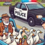 A policeman pulls over an old man driving a pickup truck