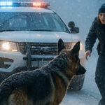 A German Shepherd blocked a police cruiser on a snow-laden road—what unfolded next utterly stunned the officer…