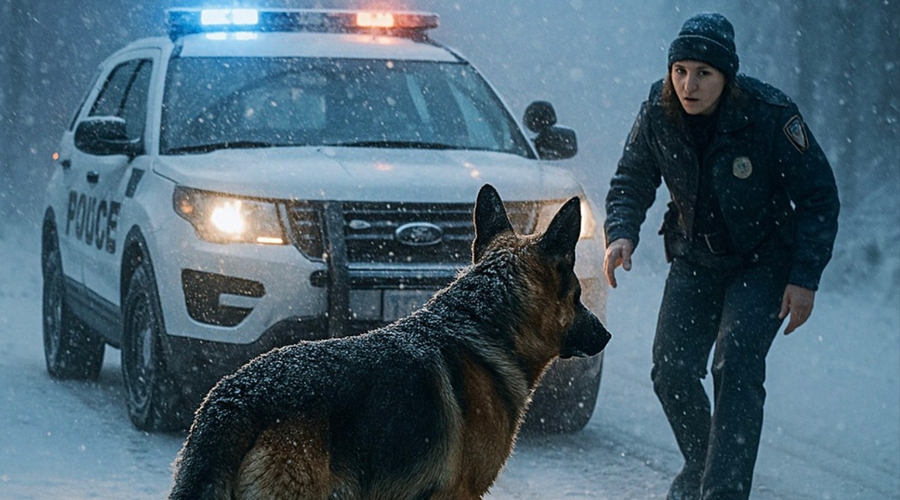 A German Shepherd blocked a police cruiser on a snow-laden road—what unfolded next utterly stunned the officer…