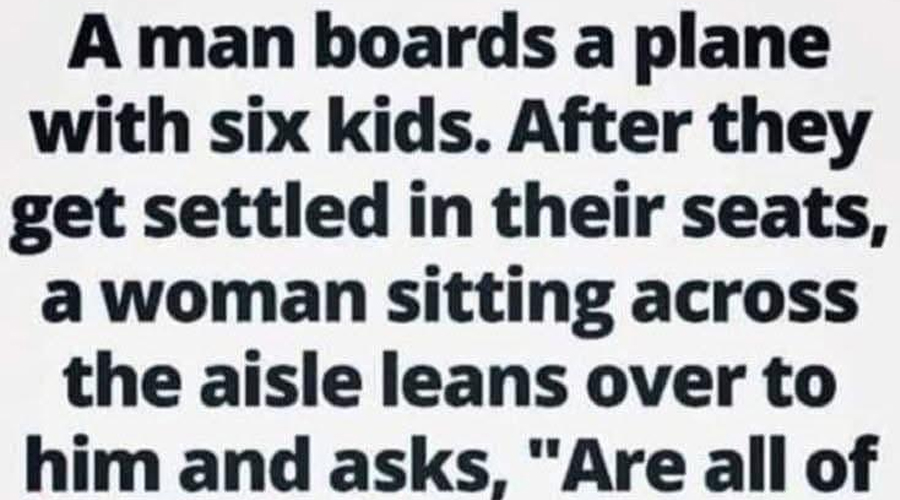 A man boards a plane with six children.